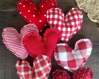 Mini fabric hearts, tiered tray decor, Valentine's bowl filler, red heart lot of seven