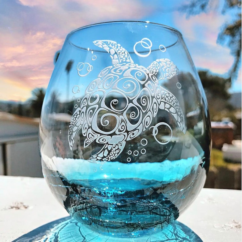 Etched sea turtle on teal crackle wine glass wine glass Etsy