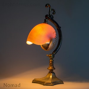 May include: A brass desk lamp with a nautilus shell shade. The lamp is lit and the shell is illuminated from within. The lamp has a decorative base and a curved arm. The text "Nomad" is visible in the lower left corner of the image.