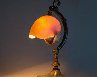 Nautilus Shell Art Nouveau accent light lamp. Vintage solid brass base.