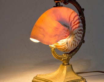 Nautilus Shell Art Nouveau accent light lamp. Vintage solid brass base.