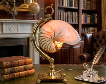 Nautilus Shell Art Nouveau accent light lamp. Vintage solid brass base.