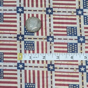 May include: Fabric with a repeating pattern of the American flag in red, white, and blue. A silver coin and a measuring tape are on the fabric. The tape measures up to 5 inches.