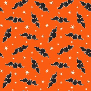 K&ouml;nnte beinhalten: Ein nahtloses Muster mit schwarzen Flederm&auml;usen auf orangefarbenem Hintergrund mit wei&szlig;en Sternen. Die Flederm&auml;use befinden sich in verschiedenen Positionen, einige fliegen, einige sind auf dem Kopf stehend und einige schauen sich an.