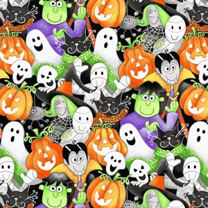 K&ouml;nnte beinhalten: Ein farbenfrohes Halloween-Muster mit Geistern, K&uuml;rbissen, Mumien, Katzen und anderen gruseligen Figuren. Der Hintergrund ist schwarz.