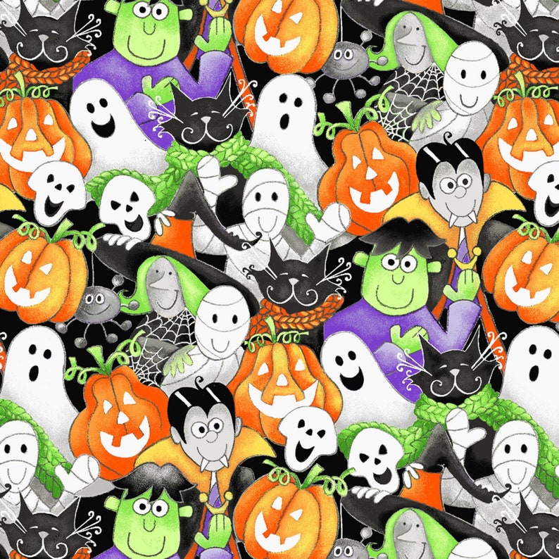 K&ouml;nnte beinhalten: Ein farbenfrohes Halloween-Muster mit Geistern, K&uuml;rbissen, Mumien, Katzen und anderen gruseligen Figuren. Der Hintergrund ist schwarz.