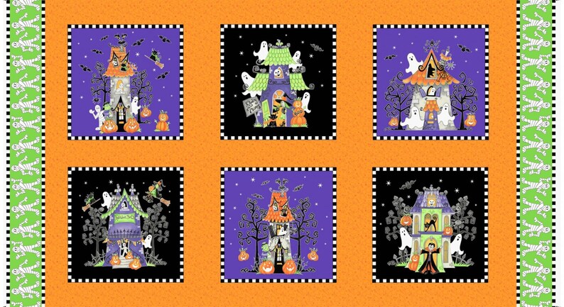 K&ouml;nnte beinhalten: Ein lila-schwarzer Stoff mit einem sich wiederholenden Muster eines Spukhauses mit Geistern, Flederm&auml;usen und K&uuml;rbissen. Das Haus hat ein Schild mit der Aufschrift "Halloween Fun".