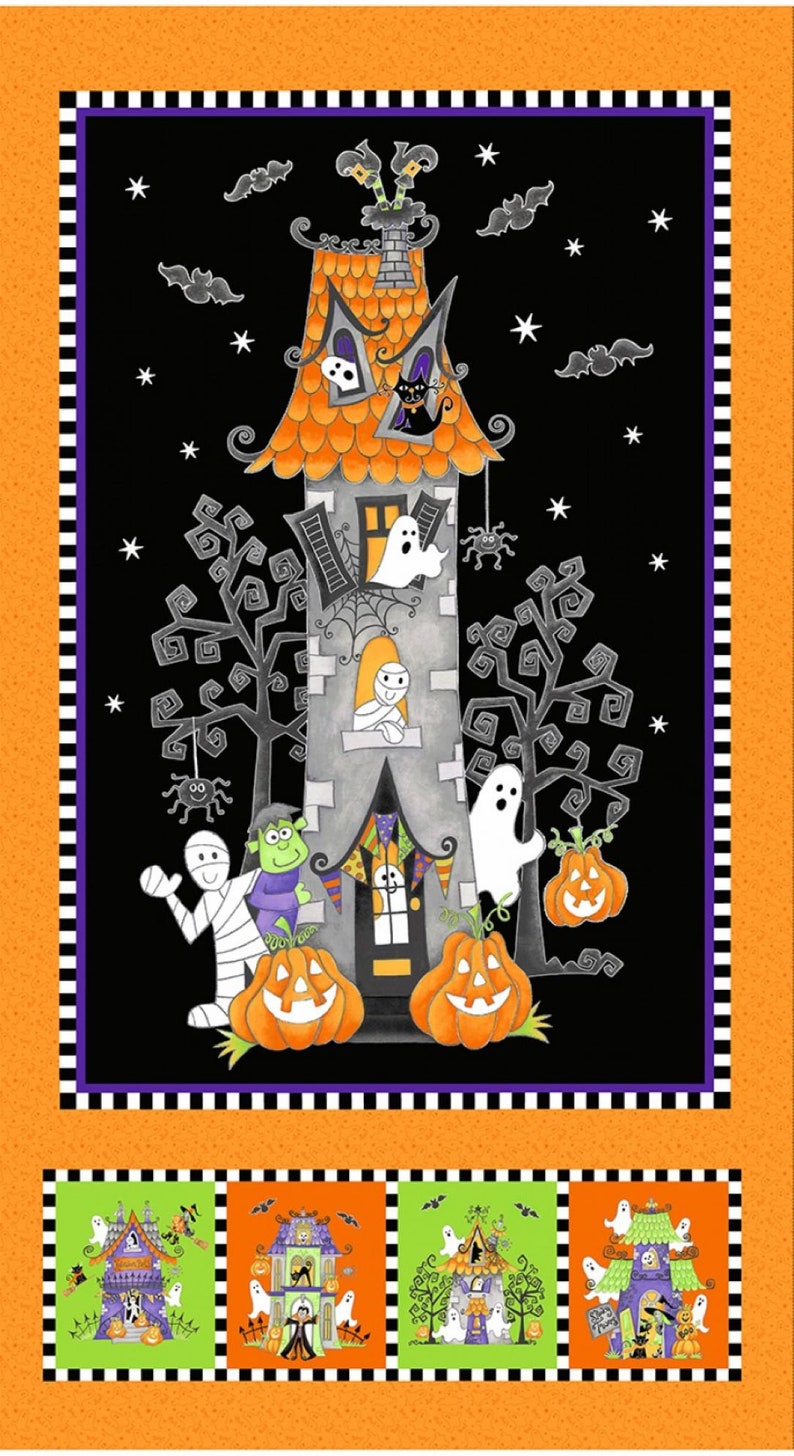 K&ouml;nnte beinhalten: Eine Schwarzwei&szlig;illustration eines gruseligen Halloween-Hauses mit einer schwarzen Katze, Geistern und K&uuml;rbissen. Das Haus hat einen Hexenhut auf dem Dach und ist von B&auml;umen umgeben. In der unteren Reihe befinden sich vier kleinere Versionen des Hauses.