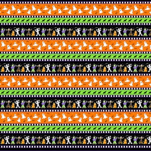 K&ouml;nnte beinhalten: Ein sich wiederholendes Muster aus Halloween-Charakteren und Geistern. Die Figuren sind in Kost&uuml;men gekleidet und halten Requisiten. Der Hintergrund ist schwarz mit orangefarbenen, gr&uuml;nen und wei&szlig;en Streifen.