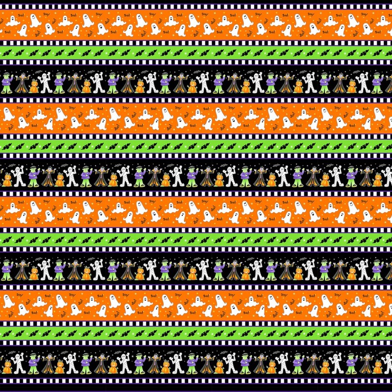 K&ouml;nnte beinhalten: Ein sich wiederholendes Muster aus Halloween-Charakteren und Geistern. Die Figuren sind in Kost&uuml;men gekleidet und halten Requisiten. Der Hintergrund ist schwarz mit orangefarbenen, gr&uuml;nen und wei&szlig;en Streifen.