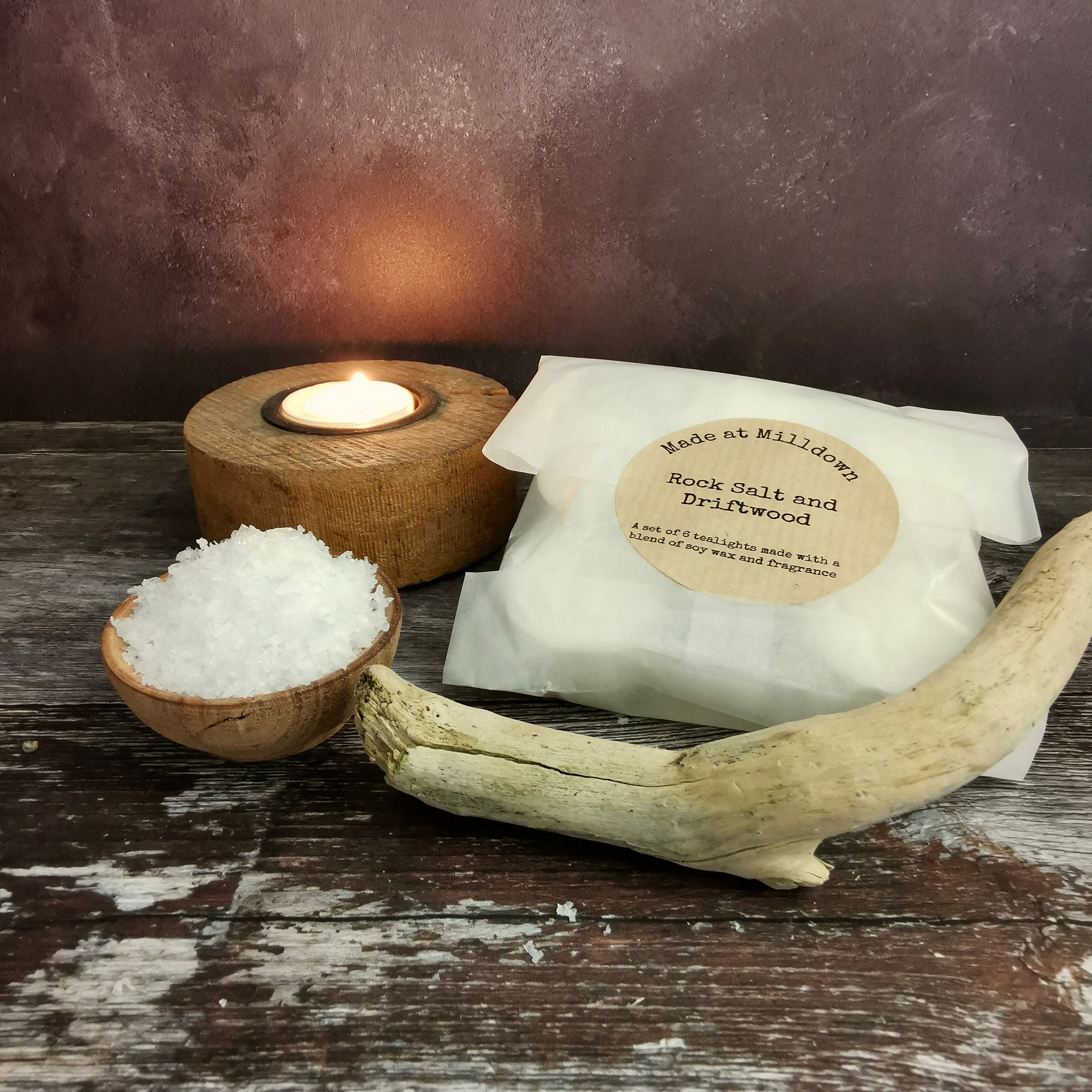 A set of 6 Rock Salt and Driftwood Tea Lights hand poured Etsy