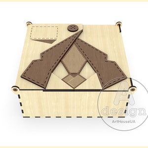 May include: A wooden box with a decorative lid featuring a geometric design in brown and natural wood tones. The lid has a button and a small rectangular cutout.