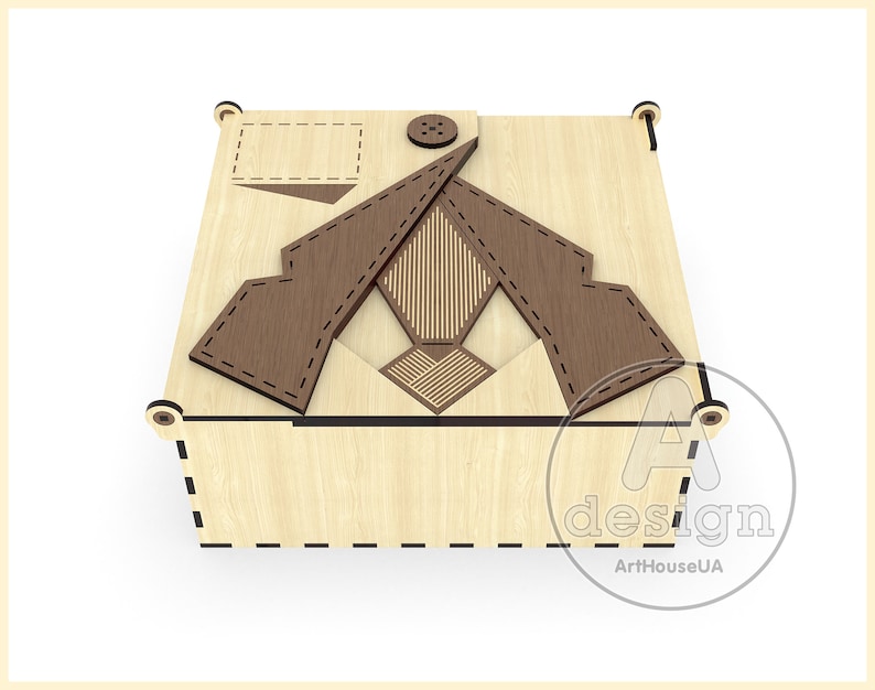 May include: A wooden box with a decorative lid featuring a geometric design in brown and natural wood tones. The lid has a button and a small rectangular cutout.