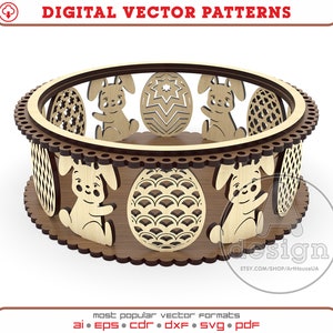 Plato de conejito de Pascua, archivo láser vectorial de cesta de Pascua, soporte de conejito de Pascua para huevos DXF, bandeja de madera de Pascua, plato de Pascua Glowforge archivo SVG