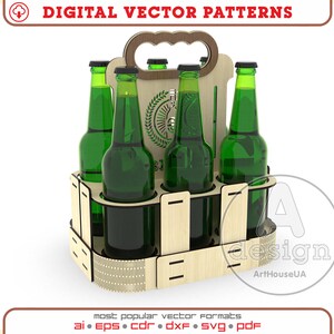 May include: A wooden six-pack beer carrier with a handle. The carrier is made of light brown wood and has a green and white logo on the front. Six green glass beer bottles are in the carrier.