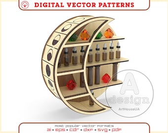 May include: A wooden shelf shaped like a crescent moon with multiple shelves. The shelf is decorated with black and white moon phases. The shelf is filled with small glass bottles and colorful gemstones.