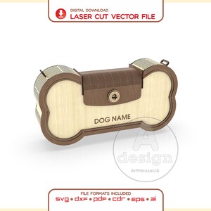 Puede incluir: Una caja de madera con forma de hueso, marco marrón oscuro y panel central de madera clara. El frente muestra el texto DOG NAME, una solapa texturizada marrón oscuro con un cierre metálico circular y un asa. Archivo vectorial de corte láser.