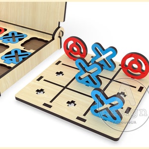May include: A wooden tic-tac-toe game with blue X's and red O's. The game is open and the pieces are on the board. The board is made of wood and has a black border.