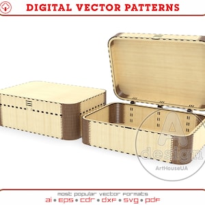 May include: A wooden box with a hinged lid. The box is made of light wood with dark brown trim. The box is open and the inside is visible. The box is a digital vector pattern.