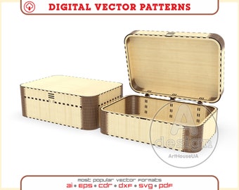 May include: A wooden box with a hinged lid. The box is made of light wood with dark brown trim. The box is open and the inside is visible. The box is a digital vector pattern.