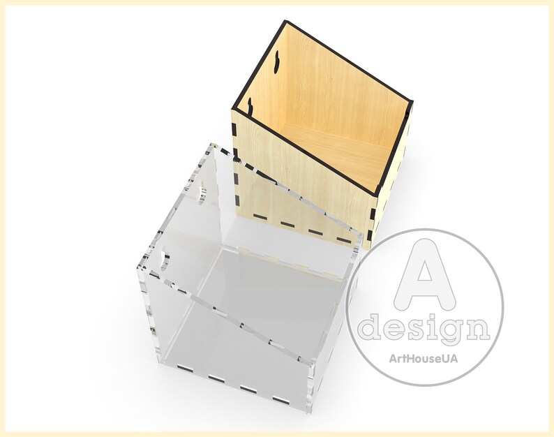 May include: Two boxes, one made of wood and one made of clear acrylic, are stacked on top of each other. The wooden box is light brown and has a black trim. The acrylic box is clear and has a black trim. The boxes are both angled and have a design on the front that says "A design ArtHouseUA".