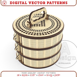 Caja circular de madera lista para vector para Glowforge SVG, archivo láser de caja de regalo, vector de caja de joyería, caja con compartimento de almacenamiento, organizador para tus cosas
