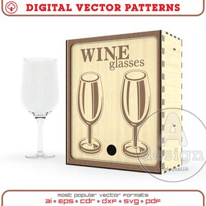 Può includere: Un bicchiere da vino trasparente è accanto a una scatola di legno con le parole "WINE glasses" e due illustrazioni di calici. La scatola è marrone chiaro con una cornice marrone più scura. L'immagine include anche il testo "DIGITAL VECTOR PATTERNS".