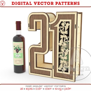 21e verjaardag cadeau wijnkist lasergesneden vectorbestand, 21e verjaardag cadeau doos vector, 21e verjaardag decoraties vector, wijnhouder Ver.69