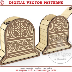 May include: Two wooden boxes with intricate geometric patterns and a hinged lid. The boxes are made of light brown wood and have a natural wood finish. The boxes are designed for laser cutting and are available in digital vector formats.