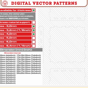 May include: A chart with a list of different box sizes and their corresponding dimensions in inches and millimeters. The chart is titled "Dimension (mm) (inch):" and "Dimension internal:".