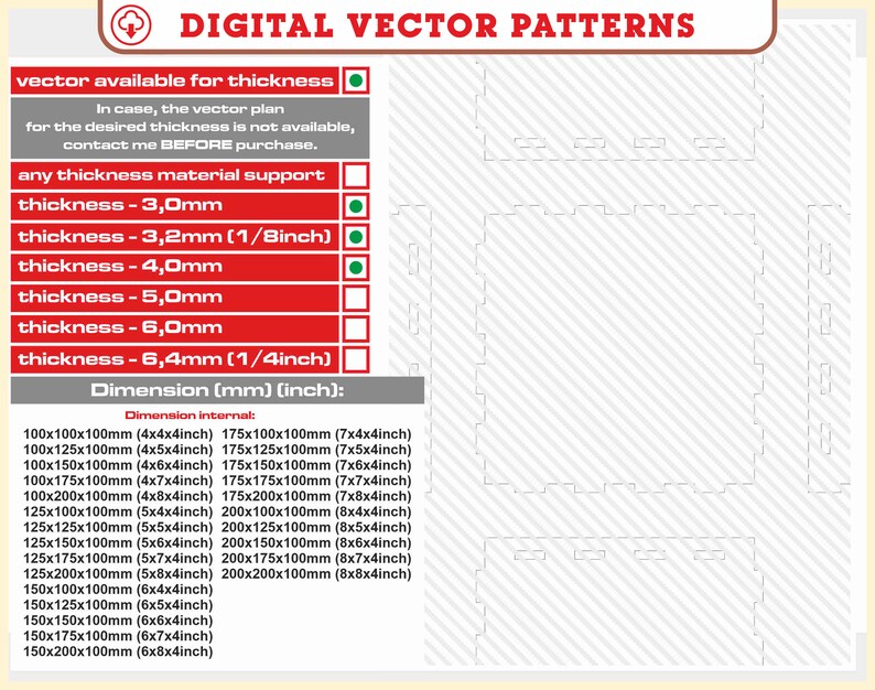May include: A chart with a list of different box sizes and their corresponding dimensions in inches and millimeters. The chart is titled "Dimension (mm) (inch):" and "Dimension internal:".
