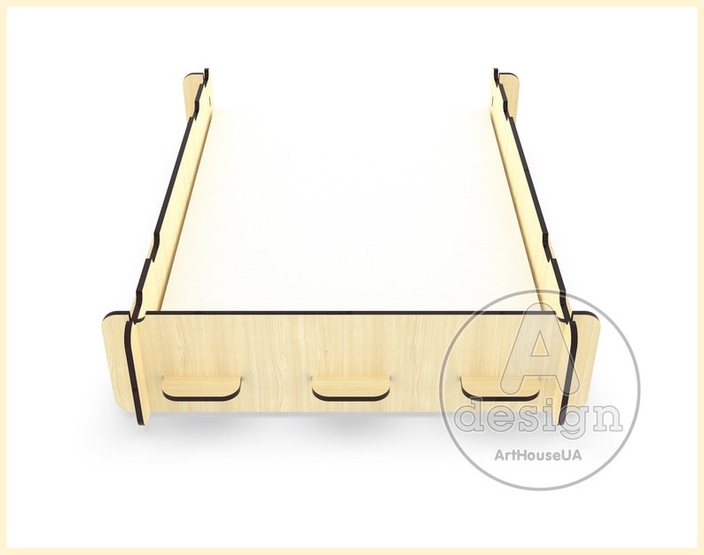 May include: A wooden bed frame with a light wood finish and black trim. The frame has three small drawers on the front.