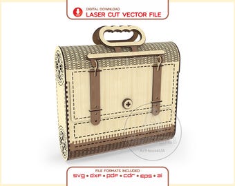 May include: A laser cut vector file for a wooden briefcase featuring a light wood front panel, dark brown accents, a top handle, and decorative strap details. The design includes intricate side patterns and text reading DIGITAL DOWNLOAD LASER CUT VECTOR FILE.
