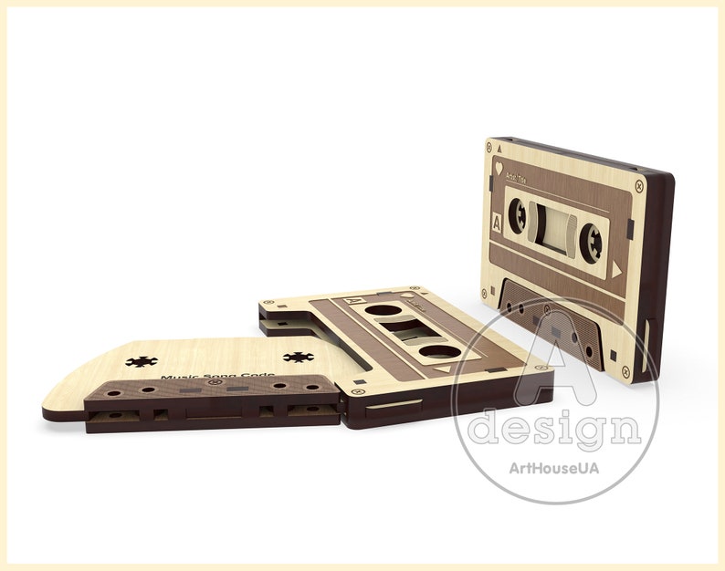May include: Two wooden cassette tape shaped boxes with the text "Music Song Code" on one and "Audio Tape" on the other. The boxes are made of light and dark wood.