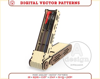 Wooden pen case vector, Pen box laser, Pen case SVG for Glowforge laser, Pen holder DXF file for laser cut, Pencil case laser pattern PDF.
