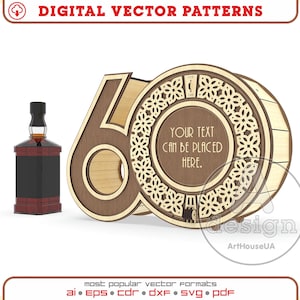 Presentask för 60-årsjubileum för flaskor 0,7L eller 0,5L laserskuren vektorfil, presentask för 60-årsdag, dekorationsaskfil för 60-årsdag, Ver.103