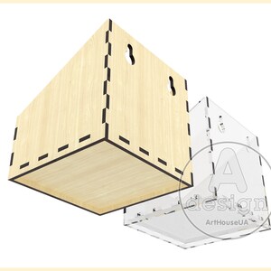 May include: Two wall-mounted storage boxes, one made of wood with a natural finish and the other made of clear acrylic. Both boxes have a rectangular shape and feature a decorative black dashed line around the edges.