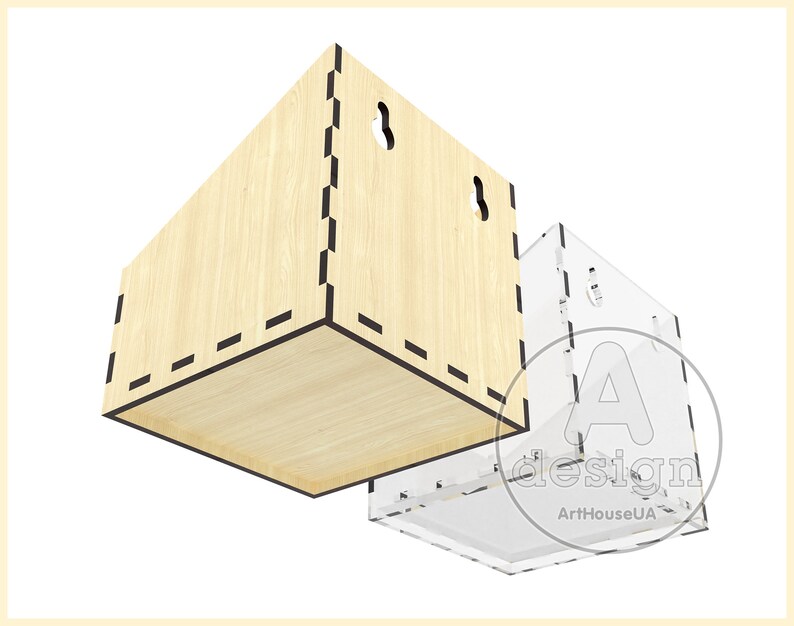 May include: Two wall-mounted storage boxes, one made of wood with a natural finish and the other made of clear acrylic. Both boxes have a rectangular shape and feature a decorative black dashed line around the edges.