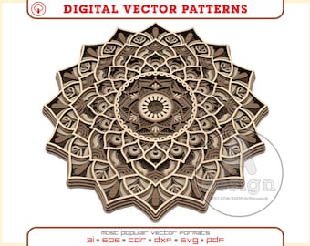 May include: A brown and beige layered mandala design with intricate details. The mandala is a circular pattern with a repeating design of flowers and leaves. The design is perfect for laser cutting, wood carving, or other crafts.