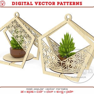 Hanging planter vector plan, flowers storage basket ready SVG files for Glowforge, Modern plant hanger laser cut files, Hanging Planter DXF