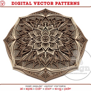 Mandala laser cut vector file DXF, Mandala Scroll Saw file PDF, Multilayer Mandala Glowforge SVG, Mandala for Cricut and Silhouette, MPA027
