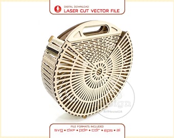 May include: A circular wooden handbag featuring a laser-cut geometric pattern with radiating lines and a top handle. The design includes text at the top reading DIGITAL DOWNLOAD LASER CUT VECTOR FILE and at the bottom listing file formats SVG, DXF, PDF, CDR, EPS, AI.