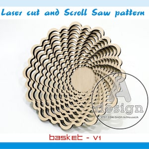 May include: A laser cut and scroll saw pattern for a wooden basket. The basket is made of 12 parts and has a swirling design. The pattern is available in AI, EPS, CDR, DFX, and SVG file formats.