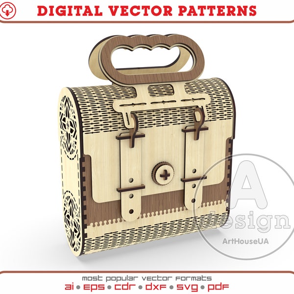 Wooden suitcase, Vintage wooden suitcase, Vintage bag, Vintage wooden handbag, Handbag vector plans, Laser cut vector, Cnc pattern, WSB-V3