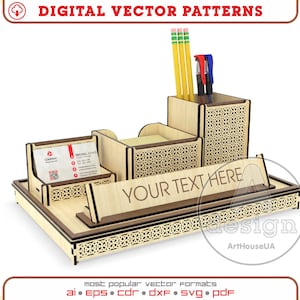 Houten Office Organizer lasergesneden vector, Wood Desk Organizer, Pencil Cup, Docking Station, Penhouder, Kladblokhouder, Visitekaartjesstandaard