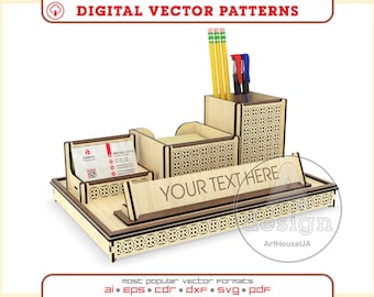 Desk Organizer SVG Laser Cut File Wooden Pen Holder Business Card and Notepad Storage