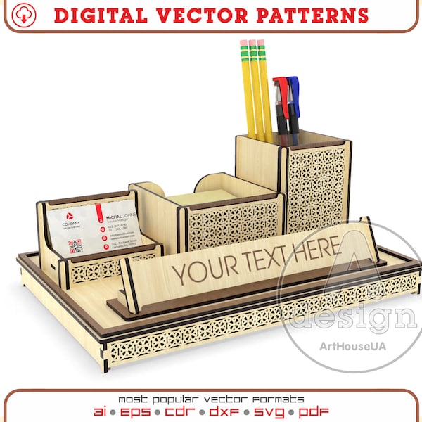 Holz Büroorganisator lasergeschnittener Vektor, Holzschreibtischorganisator, Stiftbecher, Dockingstation, Stifthalter, Notizblockhalter, Visitenkartenständer