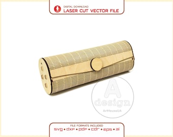 May include: A cylindrical wooden case featuring a flexible, slatted design with a circular button closure. The text DIGITAL DOWNLOAD LASER CUT VECTOR FILE and FILE FORMATS INCLUDED SVG DXF PDF cdr EPS ai are visible along with the logo A design ArtHouseUA.