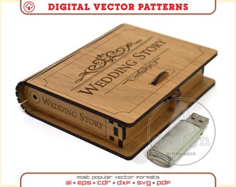 Box for USB vector, Wedding story usb case, Box laser cut vector file, Small box SVG, Glowforge laser cut file, Box for USB flash drive