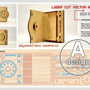 Pode incluir: Um modelo vetorial de corte a laser de um cofre de madeira com uma fechadura de combinação. O modelo é feito de contraplacado e mede 9,4 cm por 7,4 cm por 2 cm. O modelo é projetado para ser montado e é um ótimo projeto para carpinteiros.